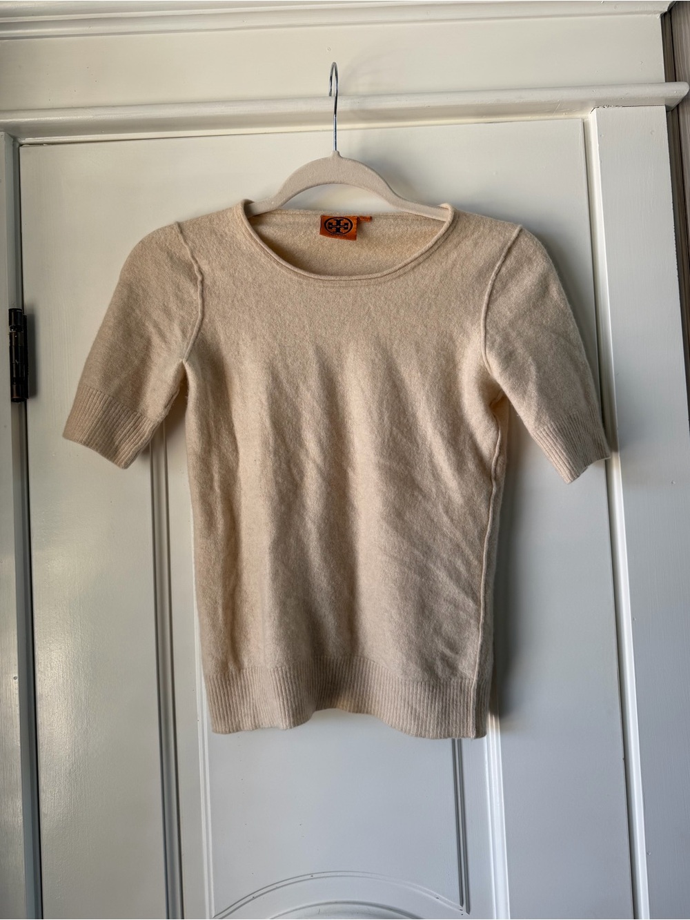 Tory Burch Cream Short-Sleeve 100% Cashmere Sweater Top
